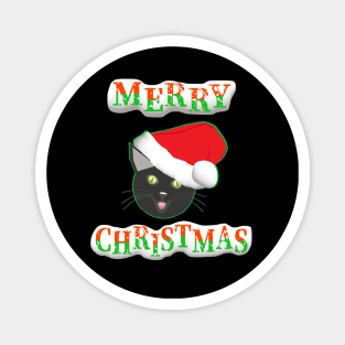 Merry Christmas Smiling Cat Wearing a Santa Claus Hat (Black Background) Magnet